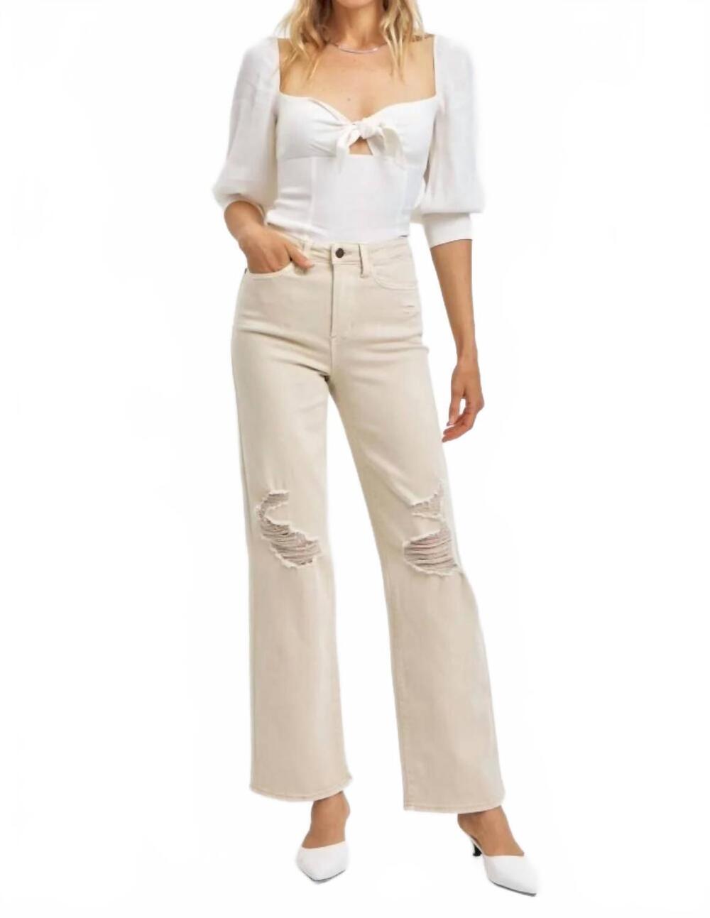 NEW JUDY BLUE high waist garment dyed detroy 90's straight jeans in bone